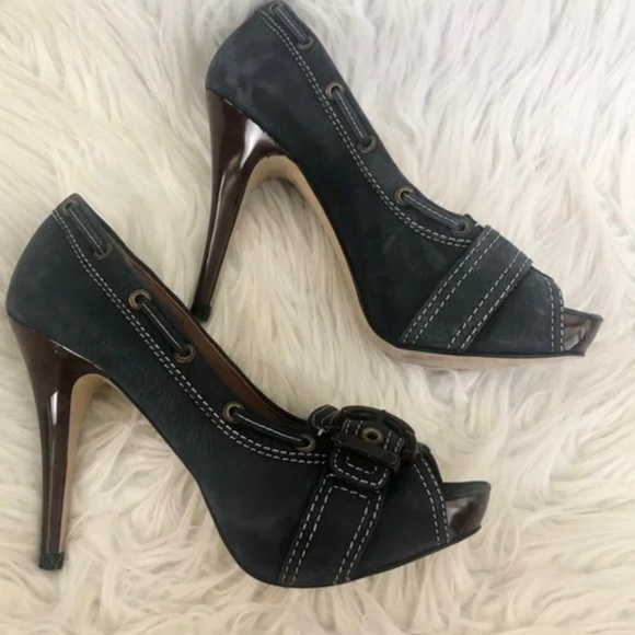 Zara Blue Suede Peep Toe Heels size 7 - Picture 2 of 12